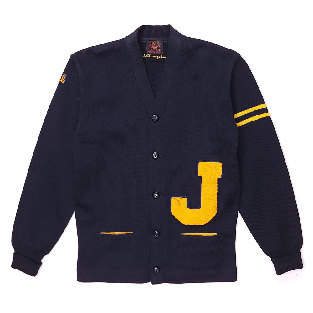 Vintage Kandel of Portland Men Navy Blue Wool Varsity Cardigan‎ Sweater Stripe